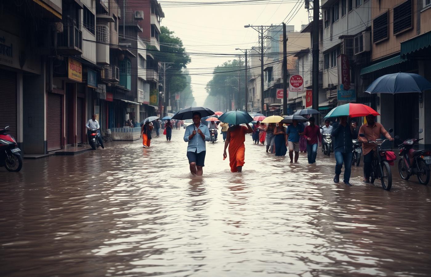People wading through a flooded city street during heavy rain