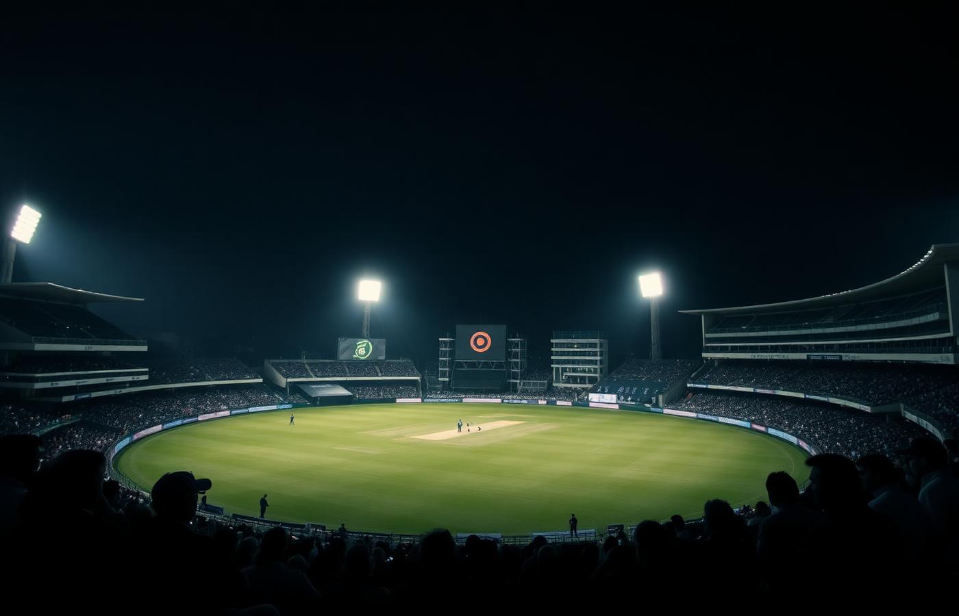 A floodlit cricket stadium during an evening match