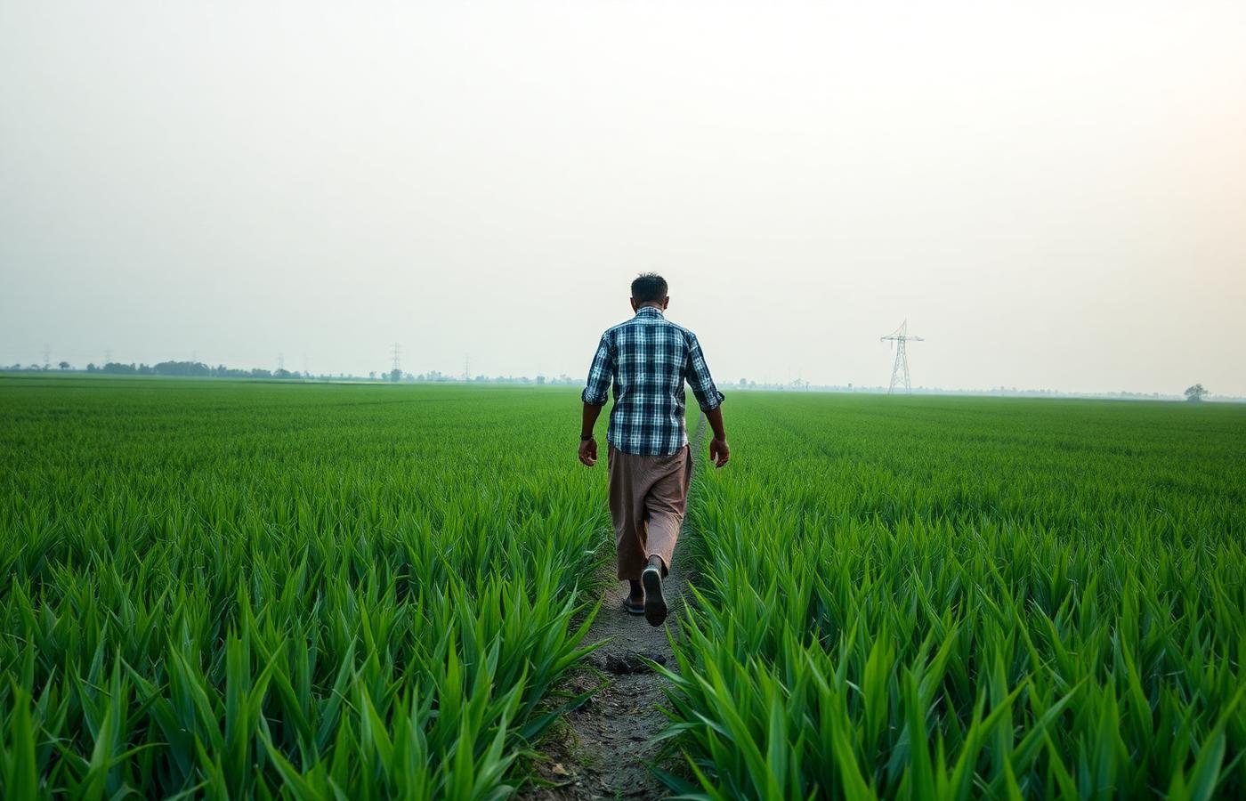 A farmer walking along a path through green fields at dawn