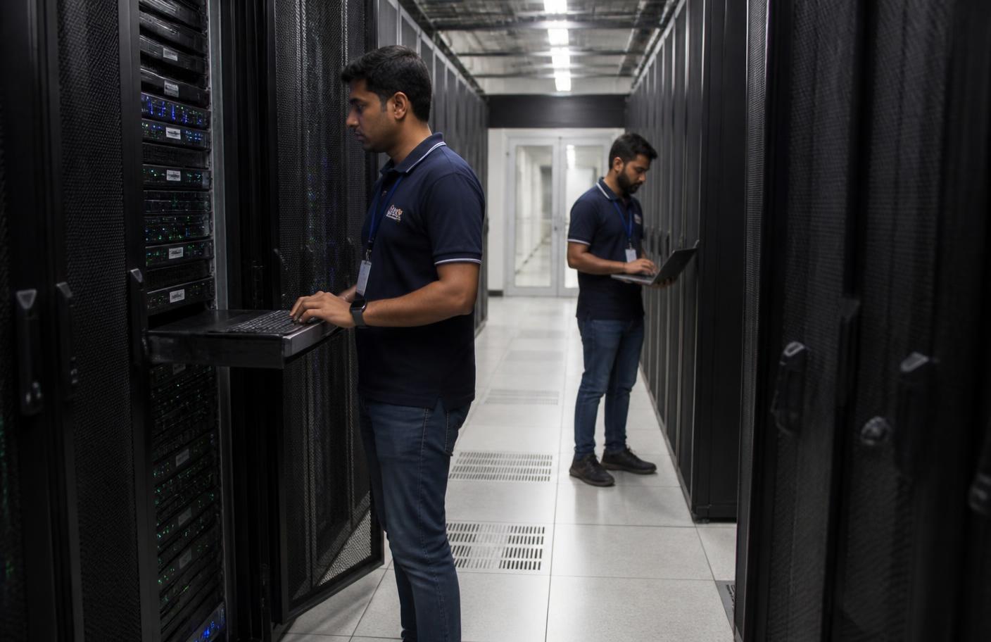 Engineers working between server racks in a data centre